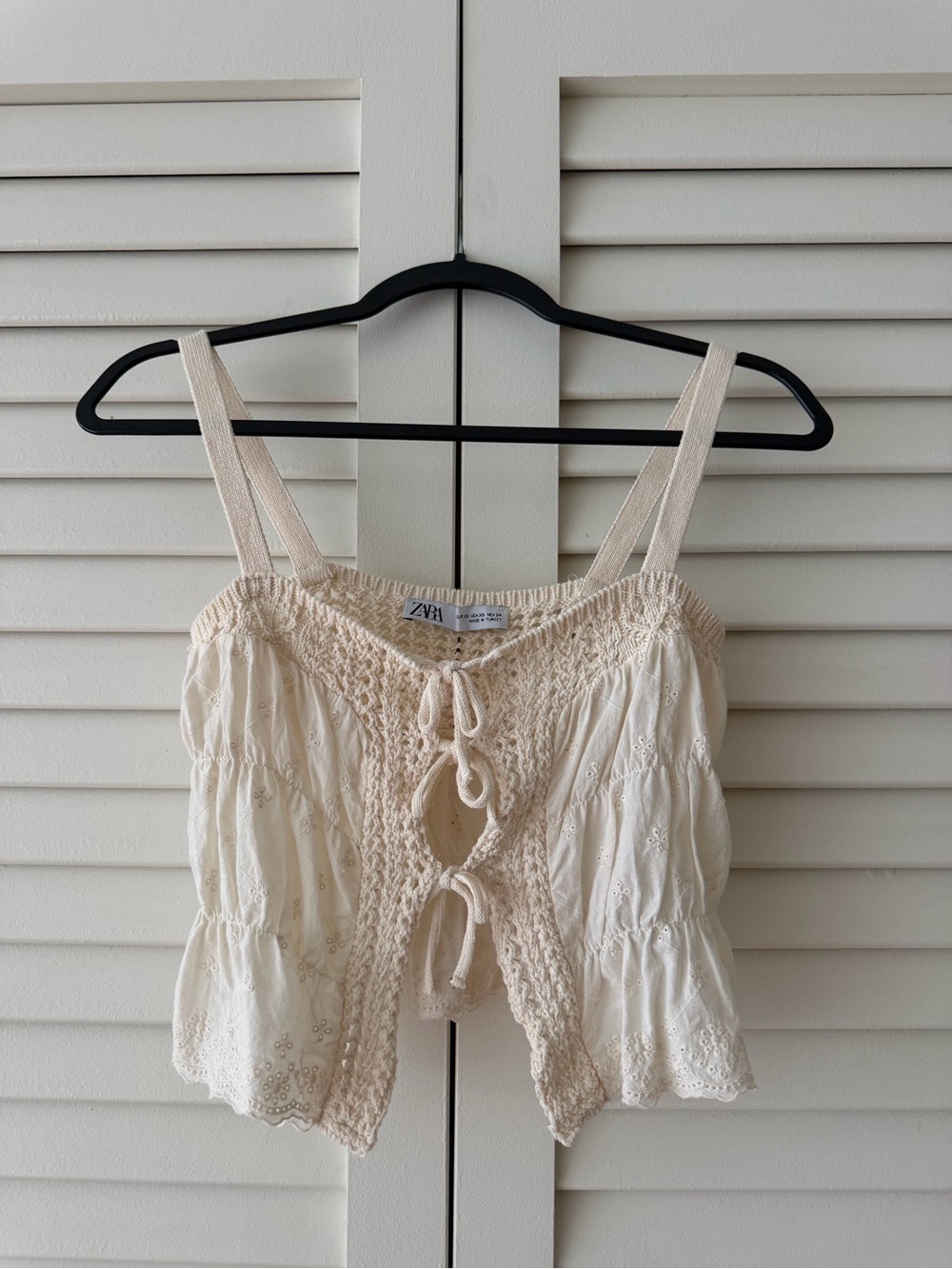 Zara Cream Crochet Tie-Front Eyelet Crop Top